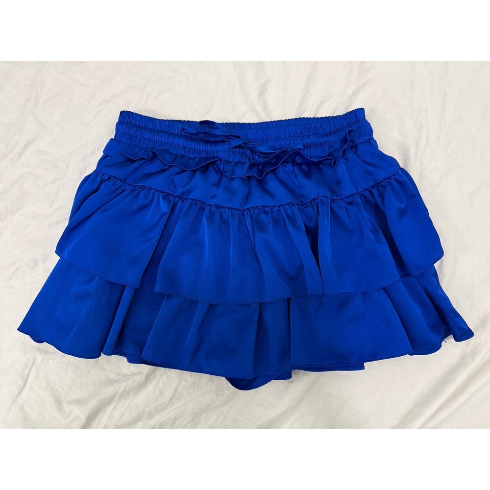 Day + Moon Blue Mini Skirt/Skort L Tiered Satin Look Whimsy Goth Coquette Casual